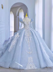 Princess Blue Tulle Long Sleeve Backless Wedding Dress