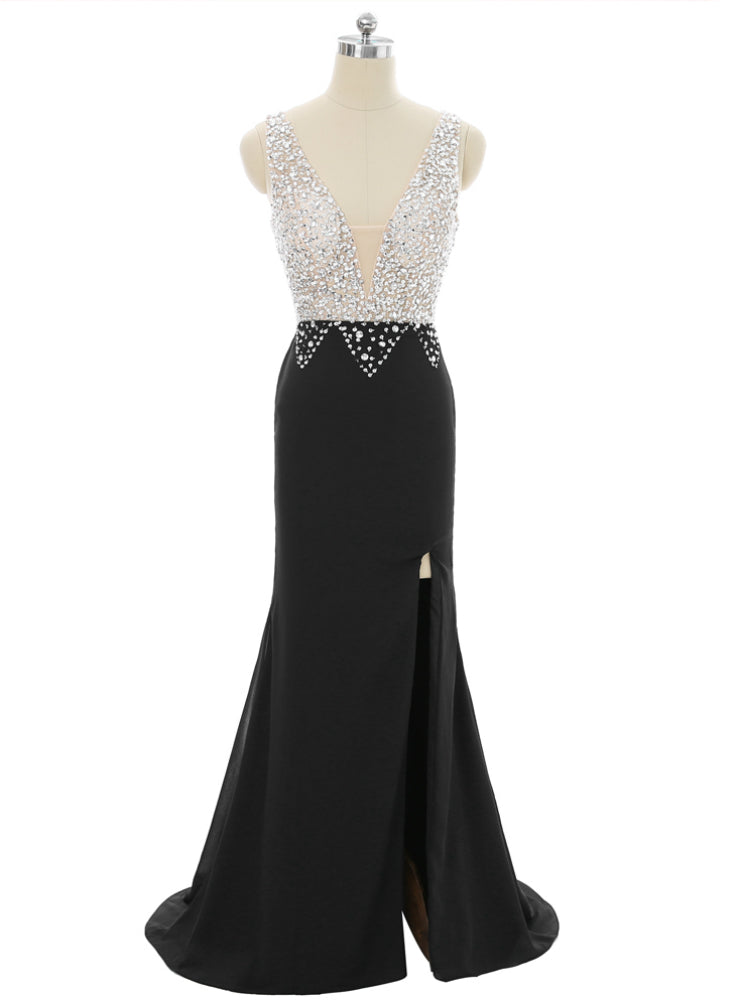 Prom Dresses Mermaid V-neck Beaded Crystals Slit Sexy