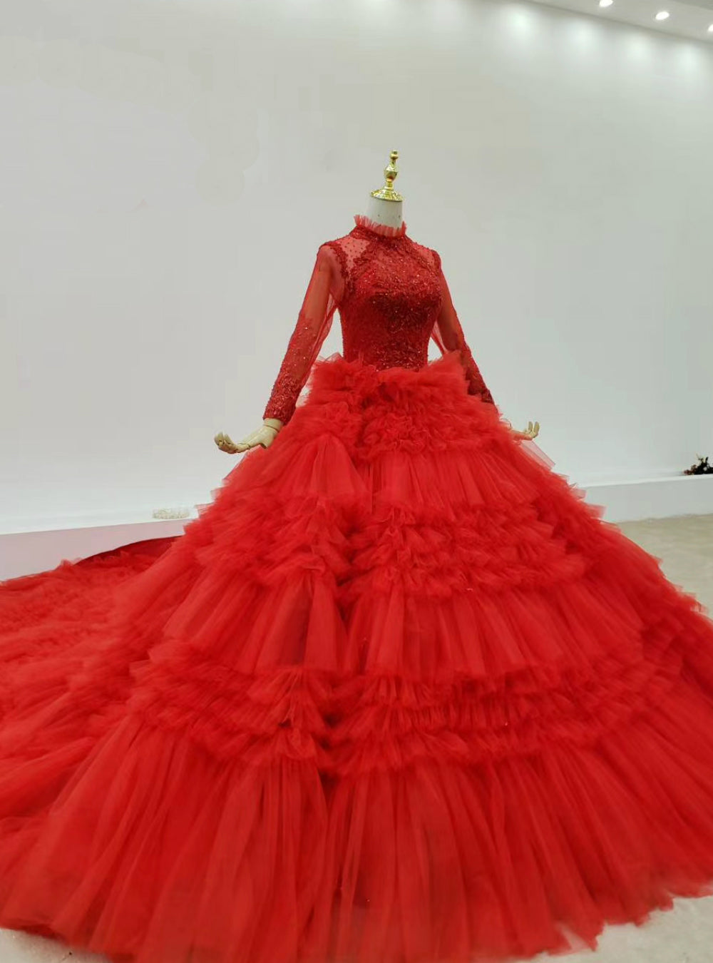 Prom Season Red Ball Gown Tulle Long Sleeve Beading Tiers Wedding Dress With Long Train