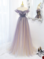 Purpel Tulle Sequins Beading Pleats Prom Dres