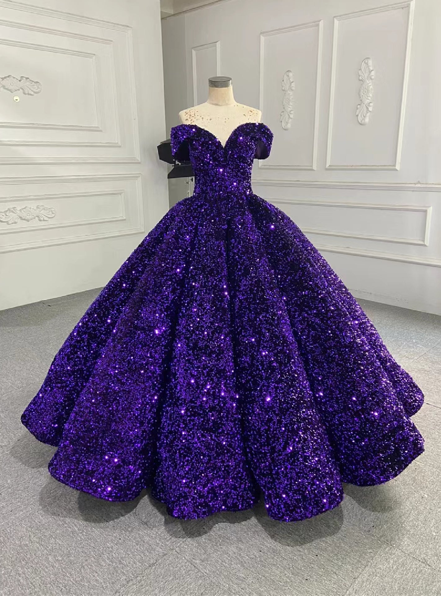 Purple Ball Gown Sequins Off the Shoulder Prom Dress