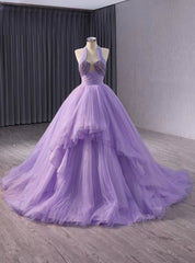 Purple Tulle Halter Pleats Beading Seqiuns Prom Dress