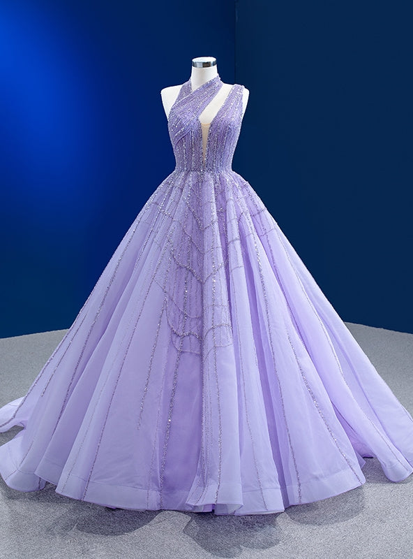 Purple Tulle Irregular Neck Sequins Beading Prom Dress