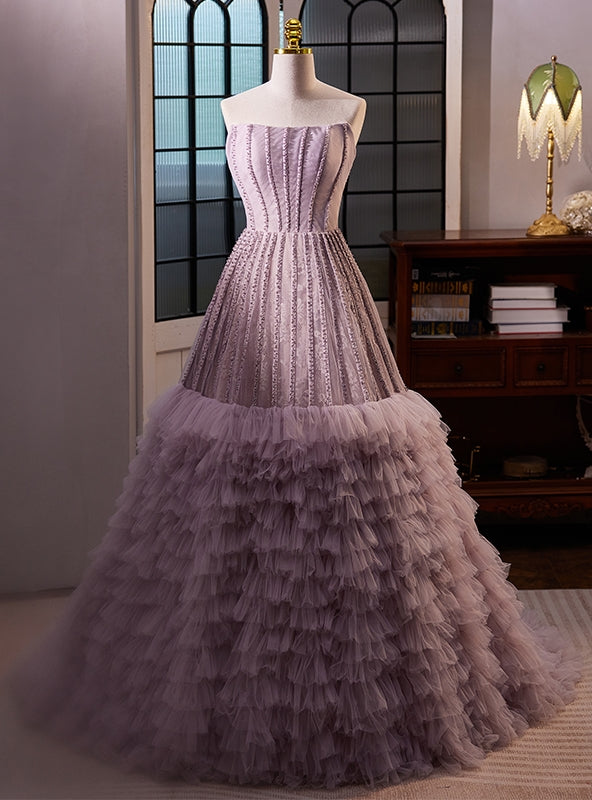 Purple Tulle Lace Strapless Beading Prom Dress