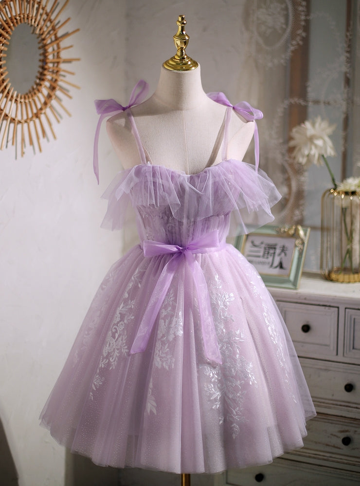 Purple Tulle Lace Straps Homecoming Dress