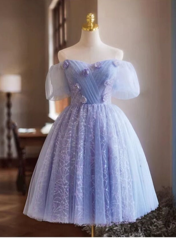 Purple Tulle Pleats Flower Homecoming Dress