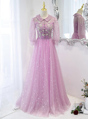 Purple Tulle Sequins Beading Short Sleeve Prom Dress