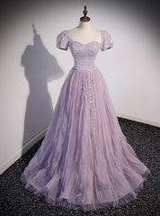 Purple Tulle Sequins Strapless Prom Dress