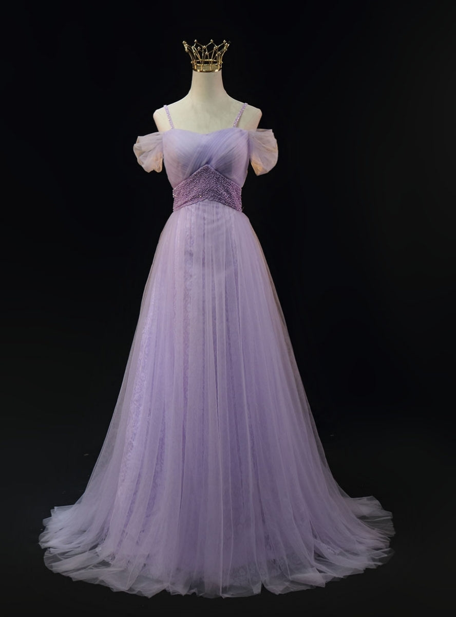 Purple Tulle Spaghetti Straps Beading Prom Dress