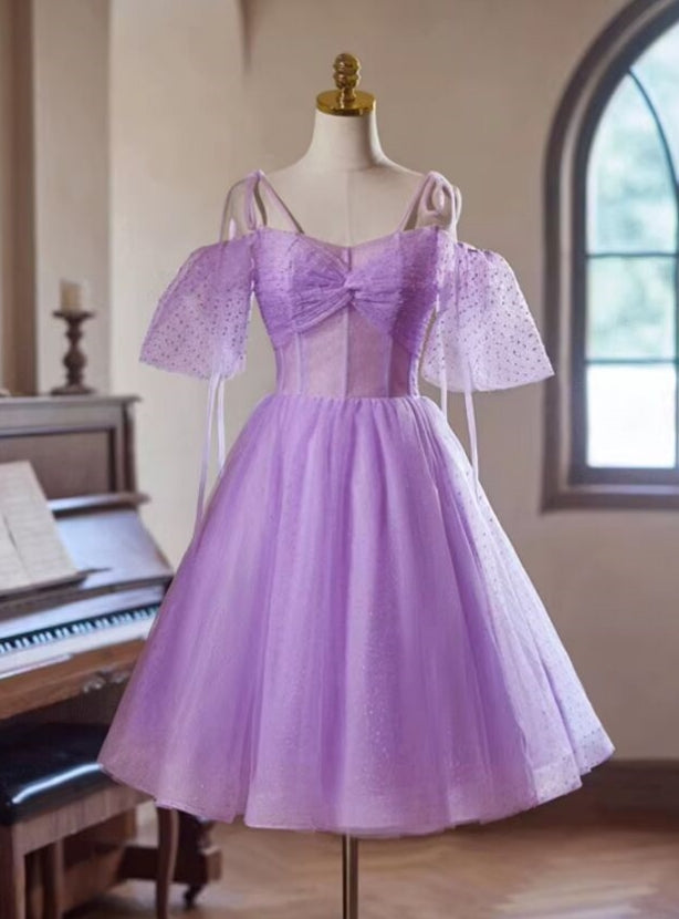 Purple Tulle Spaghetti Straps Pleats Homecoming Dress