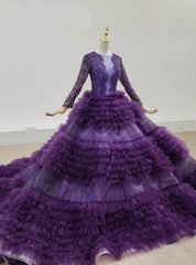 Purple Tulle Tiers Long Sleev See Through V-neck Wedding Dress