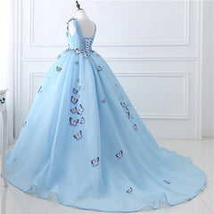 Quinceanera Dress Blue Butterfly Flowers Lace Up Ball Gowns Long Prom Dresses