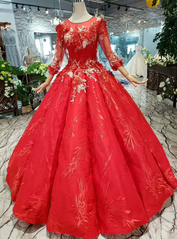 Red Ball Gown Satin Appliques Long Sleeve Luxury Wedding Dress With Beading