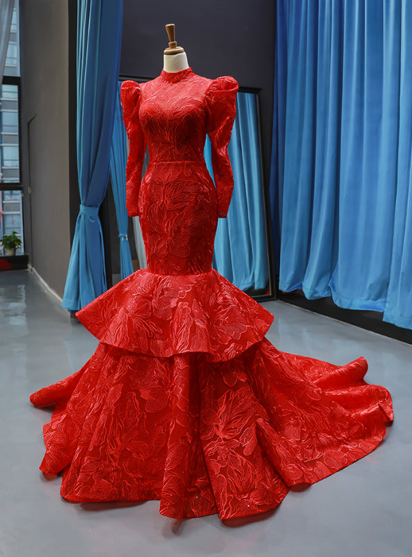 Red Mermaid Lace High Neck Long Sleeve Backless Haute Couture Prom Dress