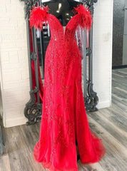 Red Mermaid Off the Shoulder Appliques Feather Prom Dress