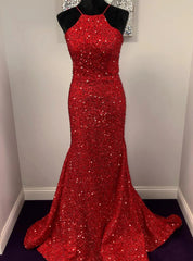 Red Mermaid Sequins Halter Backless Prom Dress