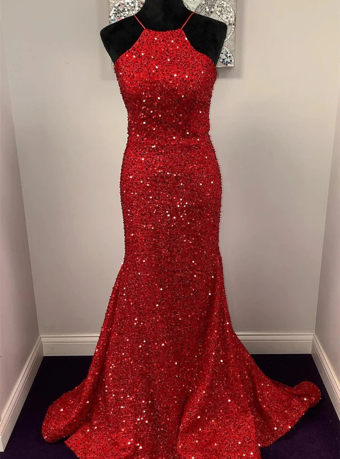 Red Mermaid Sequins Halter Backless Prom Dresses