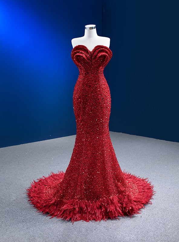 Red Mermaid Sequins Sweetheart Prom Dress With Feather