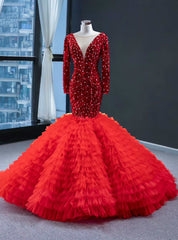 Red Mermaid Sequins Tulle Long Sleeve V-neck Prom Dress