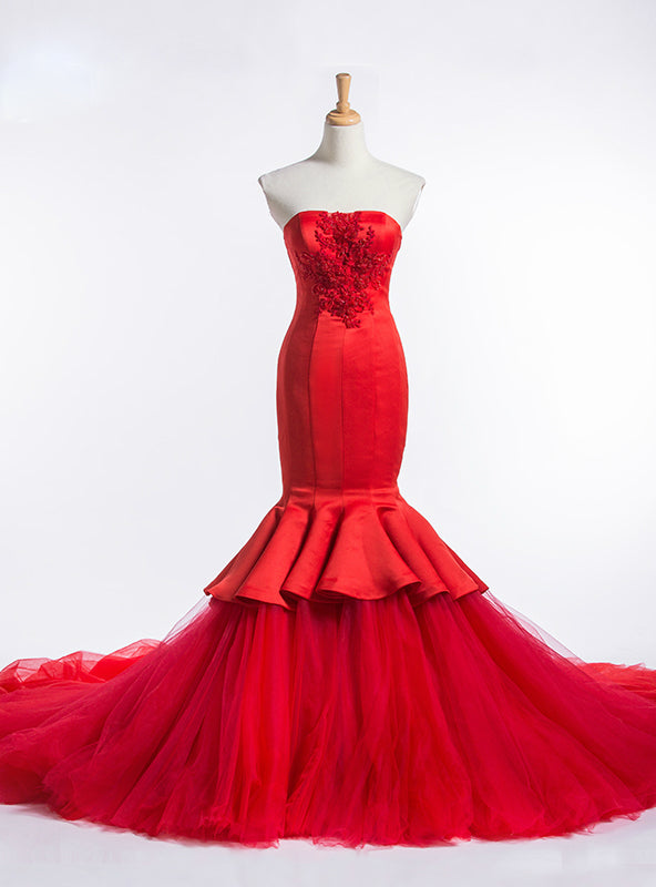 Red Mermaid Strapless Tulle Satin Train Wedding Dress