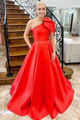 Red One Shoulder Bow Tie Satin Prom Dress with Pockets