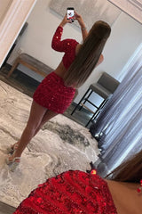 Red One Shoulder Sequins Cut-Out Homecoming Dress