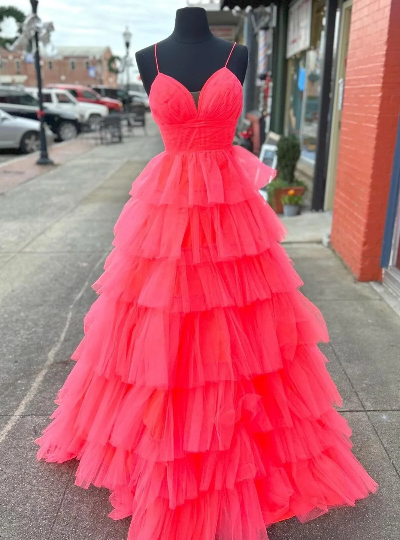 Red Red Spaghetti Straps Tiers Prom Dress