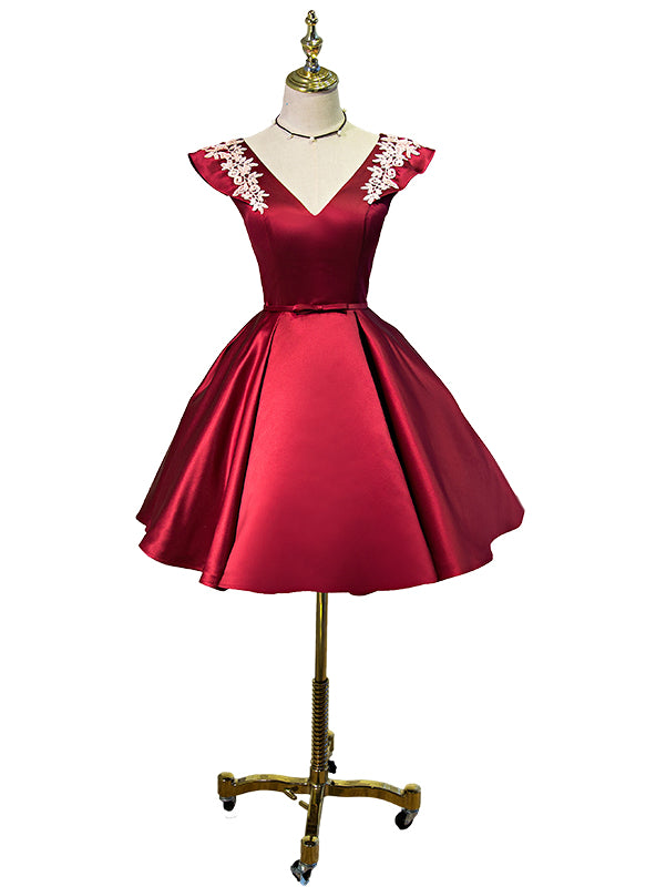 Red Satin Cap Sleeve V-neck Homecoming Dresses