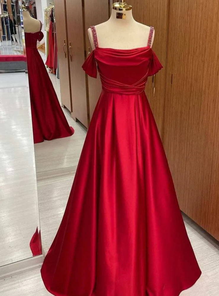 Red Satin Straps Beading Prom Dress