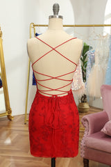 Red Spaghetti Straps Tight Short Homecoming Dress with Appliques