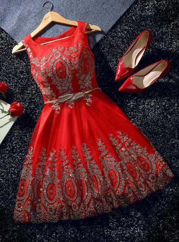 Red Tulle Sequins Bow Homecoming Dress