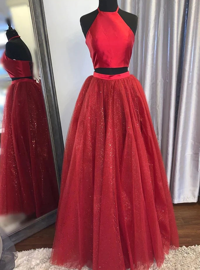 Red Tulle Sequins Two Piece Halter Prom Dress