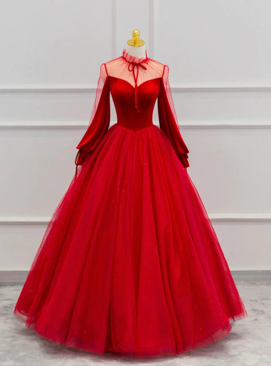 Red Velvet Tulle Long Sleeve Prom Dress