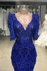 Royal blue Beaded Lace appliques 1/2 sleeve Mermaid Prom Party Gowns