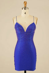 Royal Blue Halter Beaded Tight Short Homecoming Dress