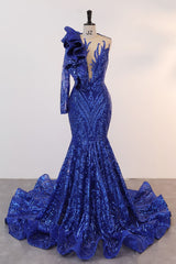 Royal Blue Mermaid One Sleeve Prom Dresses Sequined Lace Jewel Ruffles Evening Party Dress with Appliques