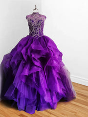 Royal Blue Organza High Neck Quinceanera Dresses Burgundy Prom Dresses