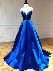 Royal Blue Satin A Line V Neck Long Prom Dress