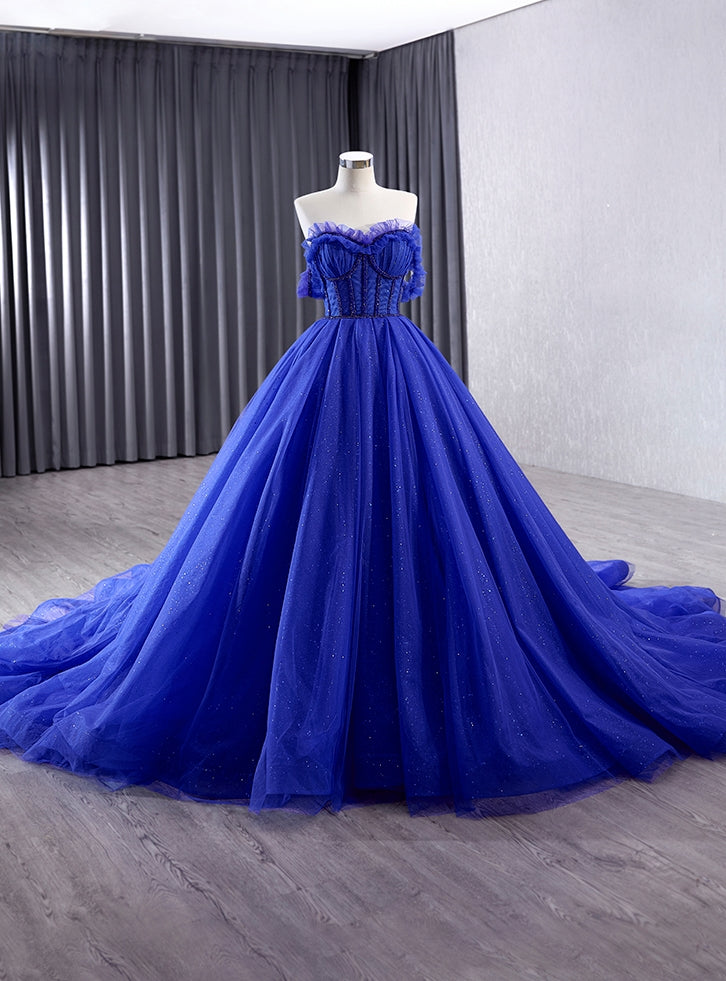 Royal Blue Tulle Off the Shoulder Prom Dress