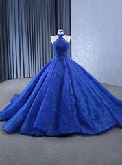 Royal Blue Tulle Sequins Beading Halter Prom Dress