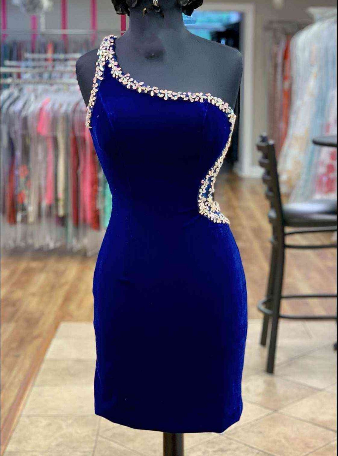 Royal Blue Velvet One Shoulder Crystal Homecoming Dress