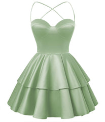 Sage Green Satin Homecoming Dress Sweetheart Neck Tiered Short Graduation Dresses