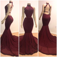 Sexy Backless Halter Mermaid Prom Dress Burgundy Long Chiffon Backless