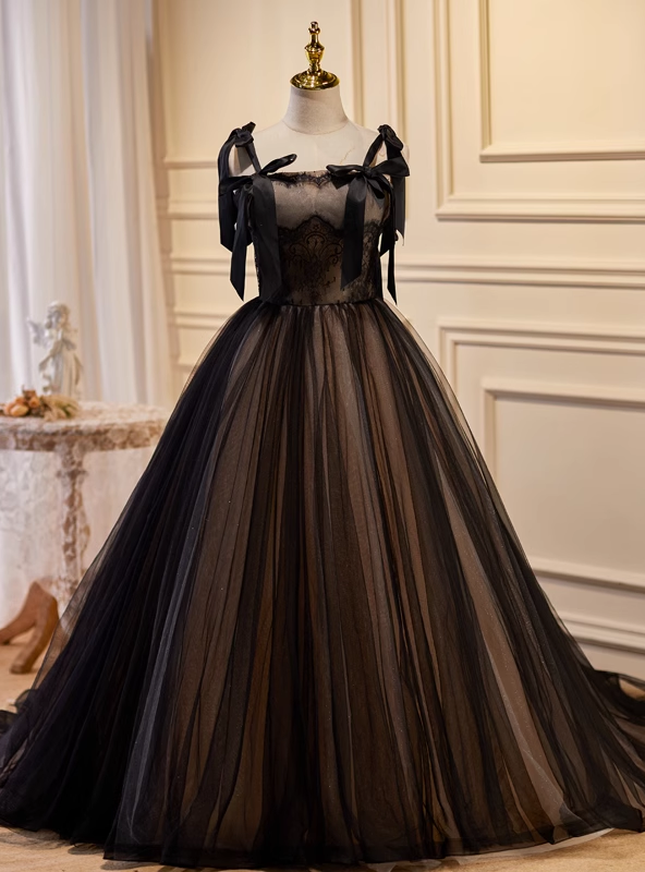 Sexy Black Tulle Lace Straps Prom Dress