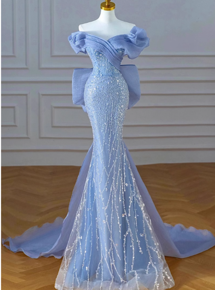 Sexy Blue Mermaid Tulle Sequins Off the Shoulder Prom Dress