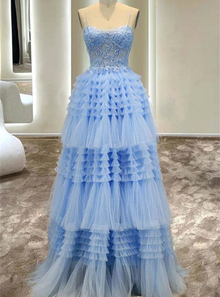 Sexy Blue Tulle Spaghetti Straps Appliques Beading Prom Dress