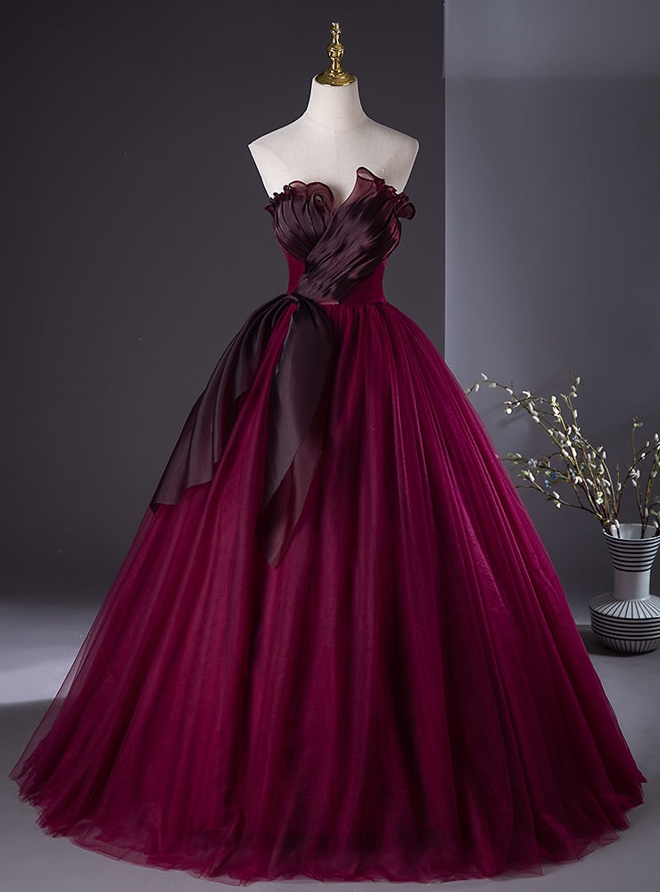 Sexy Burgundy Tulle Strapless Pleats Prom Dress