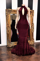 Sexy Halter V-neck Mermaid Prom Dress Burgundy Long Chiffon