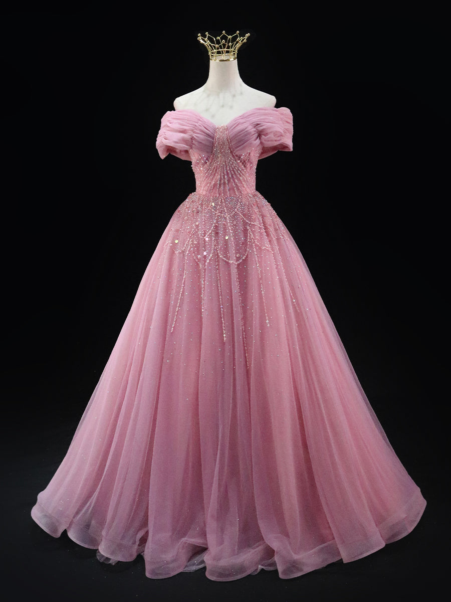 Sexy Pink Tulle Off the Shoulder Pleats Beading Prom Dress