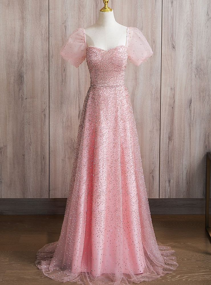 Sexy Pink Tulle Sequins Puff Sleeve Prom Dress